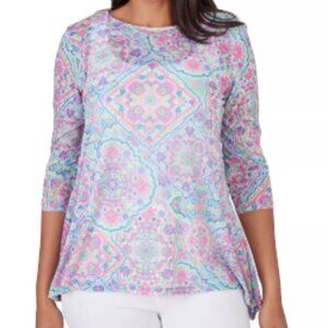 NWT Ruby Rd Scoop Neck Tile Print Burnout Shark Bite Top Size XL Sheer Pastel